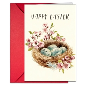 Primer plano de tarjeta de Pascua con nido en acuarela, huevos azules y sobre rojo
