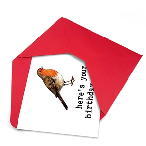 Birthday card with robin watercolor illustration and red envelope for special greeting