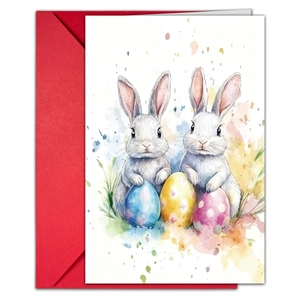 Primer plano de tarjeta de Pascua con conejitos en acuarela y un sobre rojo