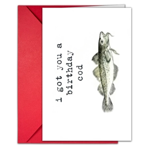 Close-up of animal birthday card with humorous cod illustration and red envelope set