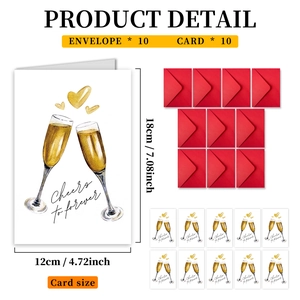 Set of 10 champagne heart wedding cards and red envelopes with Cheers to forever text