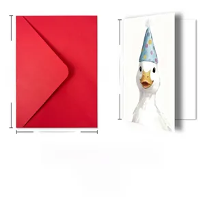 Detail of cute duck birthday card with red envelope and precise dimensions shown
