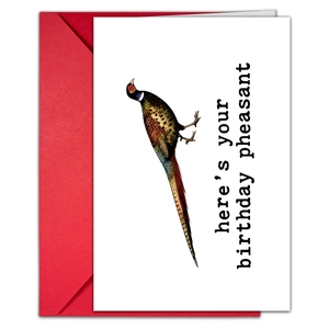 Detail of creative birthday card featuring a pheasant illustration and red envelope