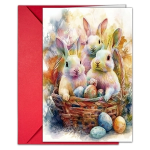 Detalle de tarjeta de Pascua en acuarela con conejitos en cesta y sobre rojo kit