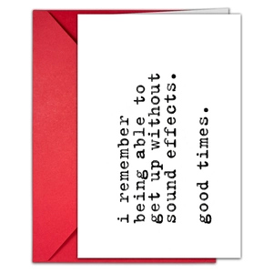 Close-up of minimalist animal birthday card with humorous text and a red envelope set
