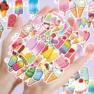 Close-up of 50 colorful ice cream stickers for DIY planners and journal decoration