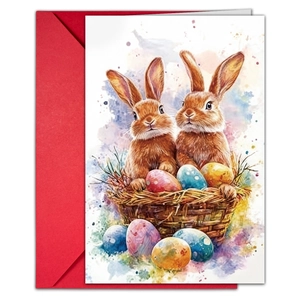 Detalle de tarjeta de Pascua en acuarela con conejos y huevos de colores y sobre rojo