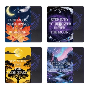 Retro mystical moon oracle cards with inspirational quotes and artistic nebula patterns
