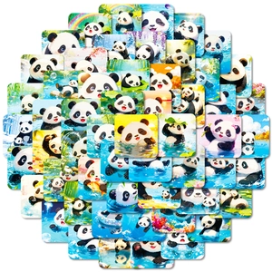 Collection of cute cartoon panda stickers showing various summer swimming and playing scenes