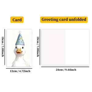 Detail view of the yellow party duck greeting card with folded and open dimensions