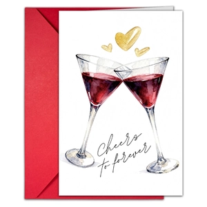 Detail of Cheers to Forever wedding card with watercolor glasses and red envelope