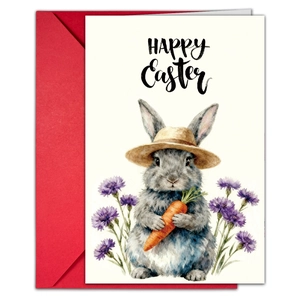 Detalle de tarjeta de Pascua con ilustración de conejo en acuarela y sobre rojo