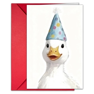 Cute animal greeting card set featuring a duck in party hat with a red envelope