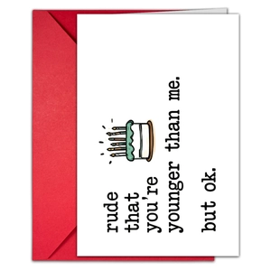 Detail view of humor animal birthday card with red envelope and cute cake illustration