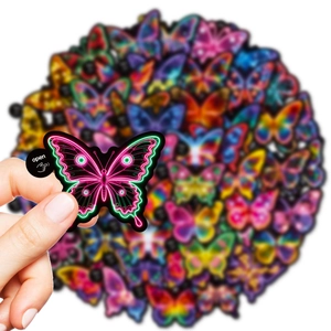 50pcs neon butterfly graffiti stickers with easy-peal tabs for skateboards and bottles