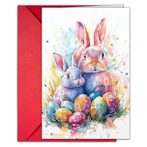 Detalle de la tarjeta de Pascua en acuarela con conejos y huevos de colores con sobre rojo