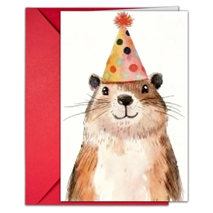 Detail of creative birthday card set with watercolor groundhog and red envelope