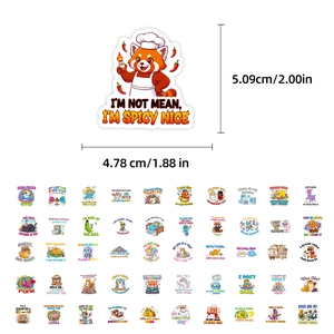 Detailed grid view of 50 funny cartoon animal stickers with size dimensions