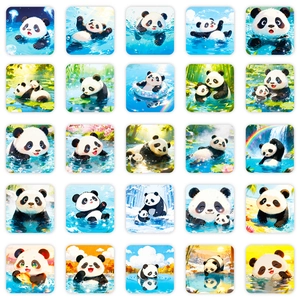 Set of 56 cute cartoon panda stickers showing pandas playing in summer water and lotus ponds