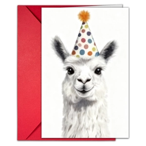 Close-up of white llama birthday card with party hat and a vibrant red envelope set