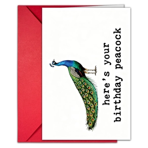 Detail of white birthday card with vintage peacock illustration and bright red envelope