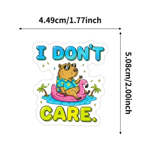 Waterproof capybara sticker with I Don't Care text measuring 1.77 by 2.00 inches