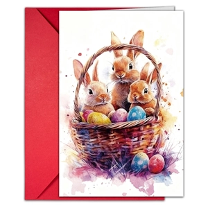 Detalle de tarjeta de Pascua con conejos en acuarela y sobre rojo festivo