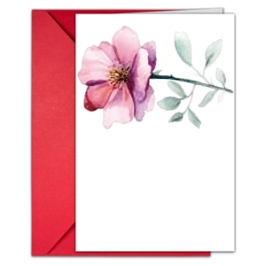 Detailweergave van een wenskaart met aquarelbloemen en een rode envelopset