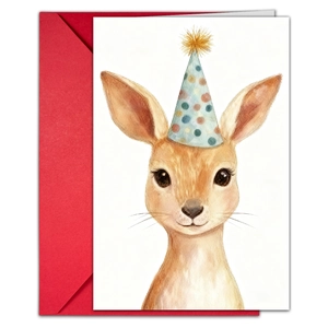 Detail view of watercolor animal greeting card with party hat and red envelope set