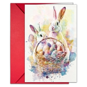 Detalle de tarjeta de Pascua en acuarela con conejos, huevos y sobre rojo brillante