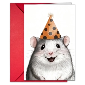 Detail of cute hamster birthday card with party hat and a matching red envelope
