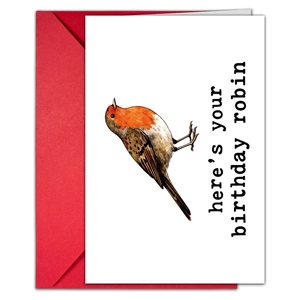 Birthday card set with robin illustration, white greeting card and red envelope kit