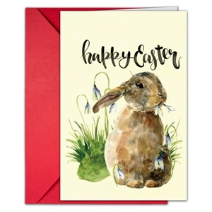 Detalle de tarjeta de Pascua con conejo en acuarela y sobre rojo para celebraciones