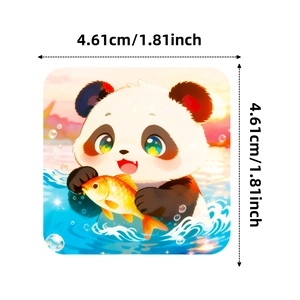 Macro view of cute panda holding a koi fish sticker with 4.61cm dimensions
