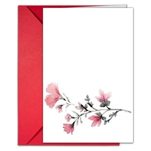 Detail van bloemenwenskaart met rode envelop en elegant inkttekening-ontwerp