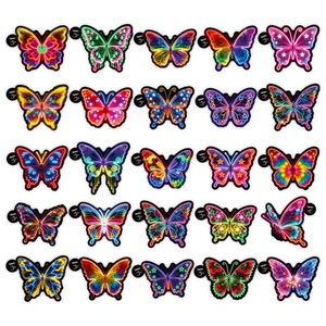 Set of 25 neon butterfly stickers with colorful creative patterns for laptop and water bottles