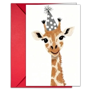 Detail of watercolor giraffe birthday card with matching red envelope and party hat motif