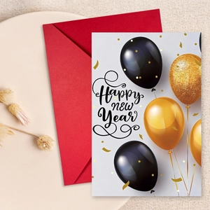 Carte de Vœux Bonne Année Et Enveloppe Rouge Design Ballon Noir Or Cœur Feux d'Artifice Moderne Carte de Bénédiction Festive Pour Cadeaux de Fête
