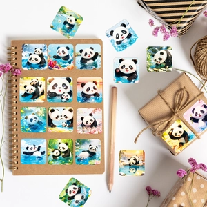 Cute panda stickers displayed on a craft notebook with natural decorative elements