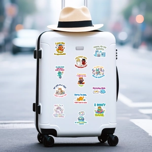 Funny cartoon cat and fox vinyl stickers on a white suitcase for travel decoration