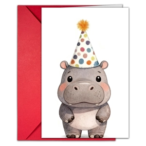 Detail view of a cute watercolor hippo birthday card with a vibrant red envelope