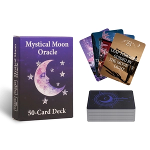 Detailed spread of Mystical Moon Oracle cards with moon theme box and game specs