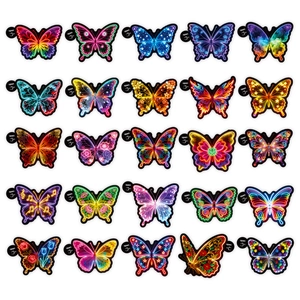 Set of 50 colorful neon butterfly graffiti stickers with floral patterns and glow effect