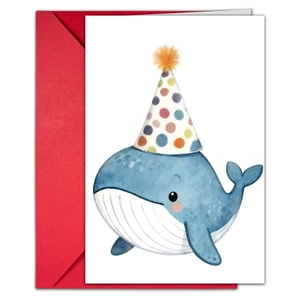 Macro shot of cute watercolor blue whale greeting card with festive red envelope