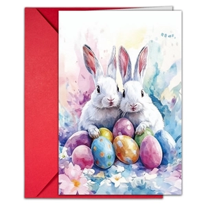 Vista detallada de tarjeta de Pascua en acuarela con conejos blancos y huevos de colores