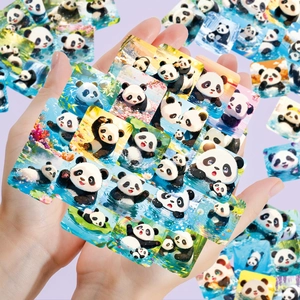 Detail showing various cute cartoon panda stickers in summer swimming and play scenes