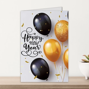 Détail de carte de Nouvel An avec motifs ballons 3D noir et or sur une étagère bois