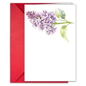 Detail van aquarel sering bloemen wenskaart set met een levendige rode envelop