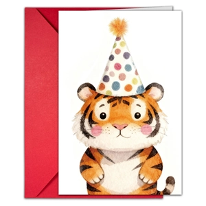 Greeting card set with cute watercolor tiger wearing party hat and a red envelope