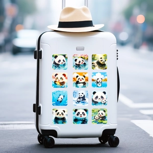 Detail of cute panda stickers showing various swimming poses on a white suitcase